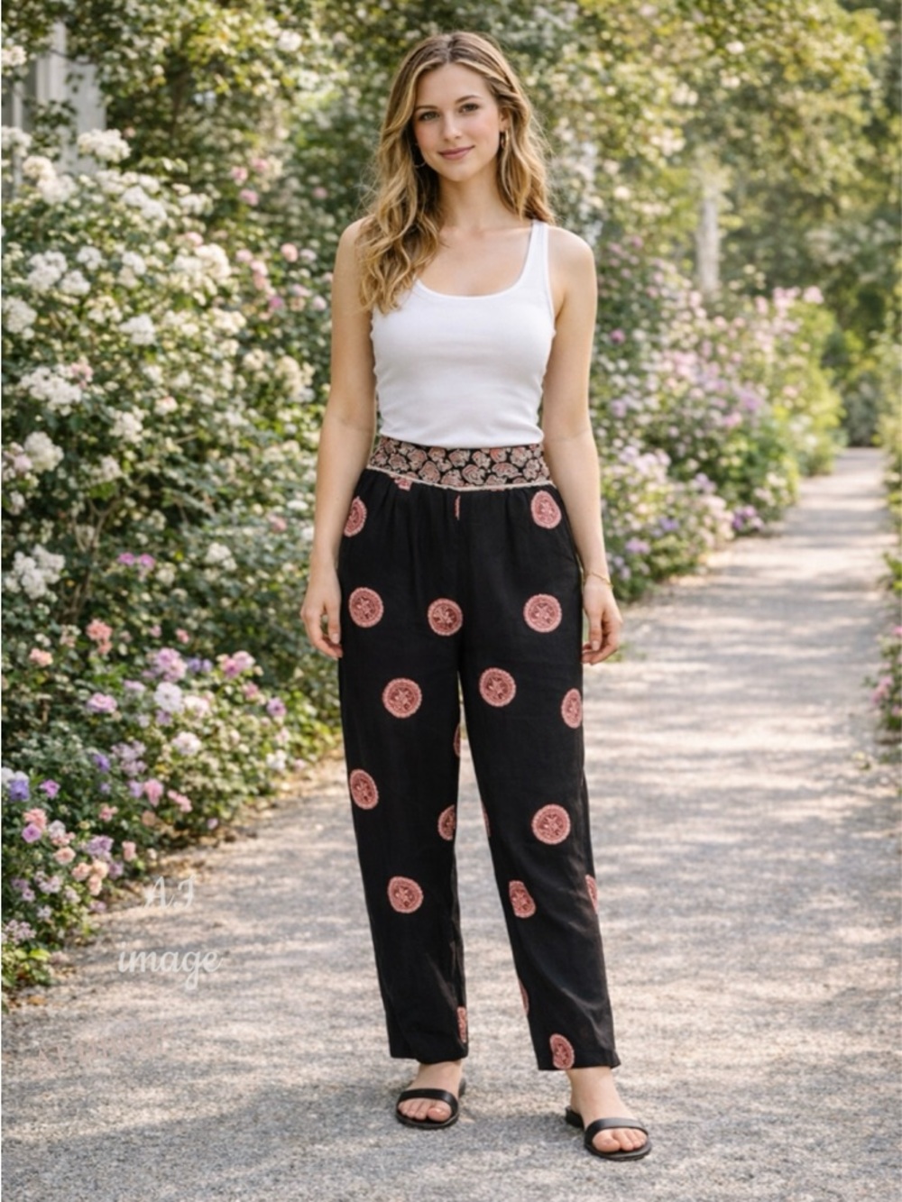 Vintage 90s Rayon High Waist Pants Black Pink Medallion Print L USA